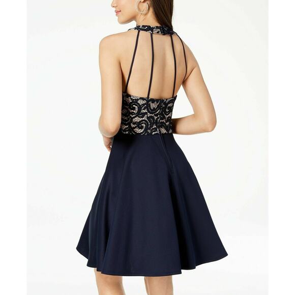B Darlin Navy Blue Lace Strappy Halter Glitter Fit & Flare Dress Junior's 7/8 - Picture 2 of 9